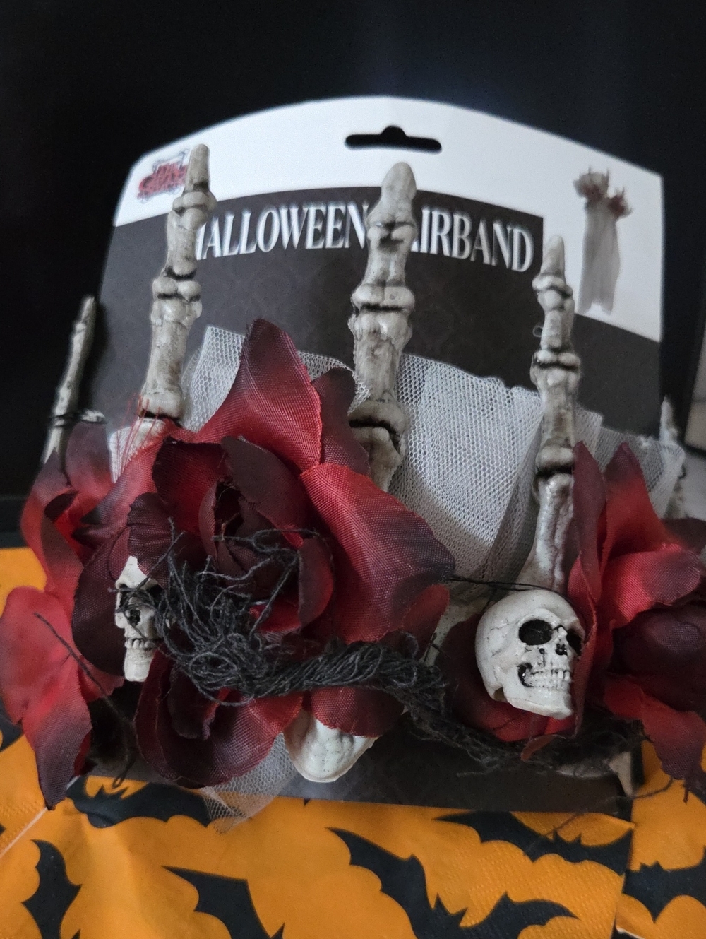Halloween Skull & Rose Headband - Red White Mesh Lace Veil Spooky Skull Accents